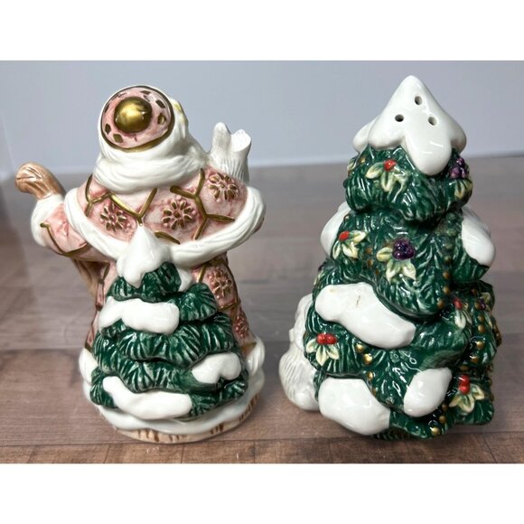 Fitz & Flyod Santa & Tree Ceramic Salt & Pepper Shakers Handcrafted Classic - Picture 3 of 4